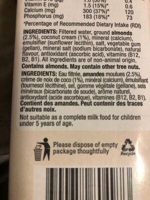 Sanitarium So Good Almond & Coconut Milk Unsweetened Tetra Pk - Ingredients