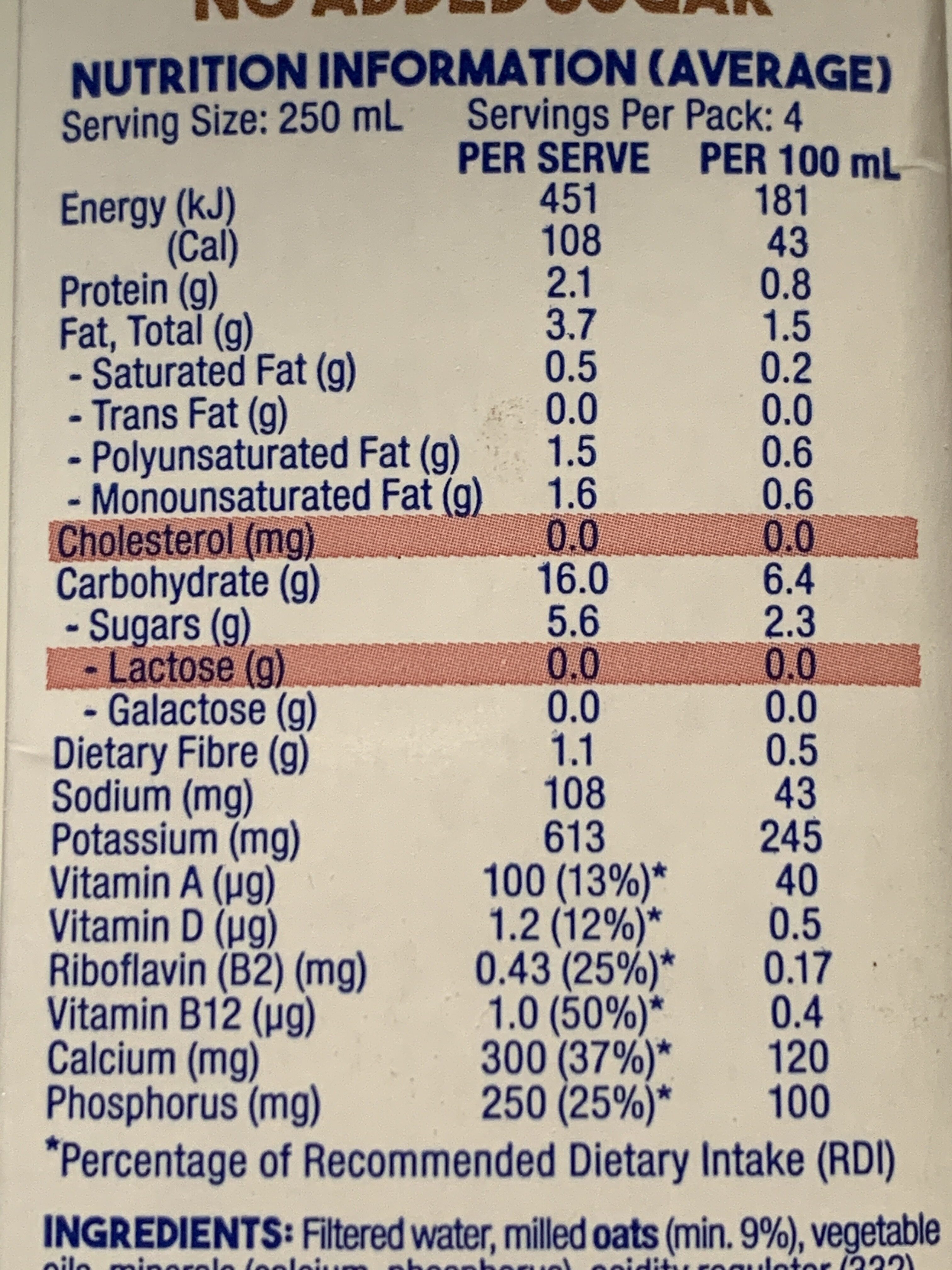 Oat Milk - No Added Sugar - Nutrition facts