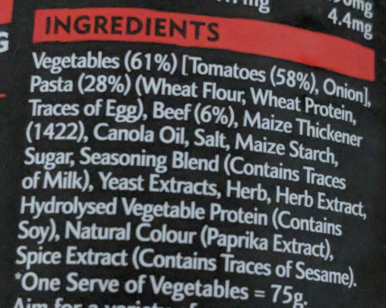 Heinz Big'N Chunky Beef Bolognese - Ingredients