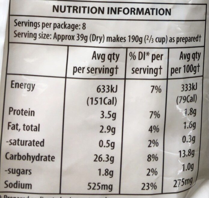 Instant mashed potato x2 - Nutrition facts