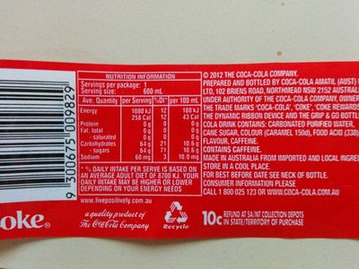Coca Cola 600ml Bottle - Información nutricional - en