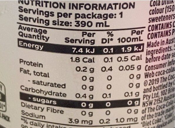 Diet CocaCola - Nutrition facts