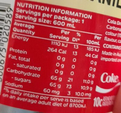 Coke Vanilla - Nutrition facts