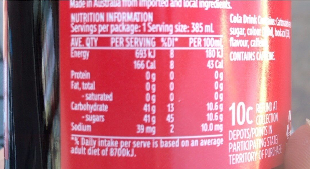 Coca Cola 385ml - Nutrition facts