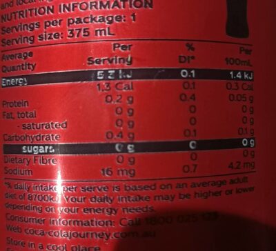 Coke no sugar - Nutrition facts