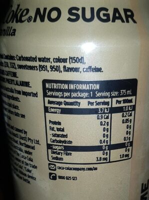 Coke Zero Vanilla - Nutrition facts