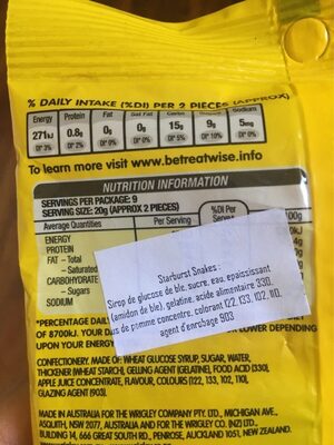 Starburst snakes - Nutrition facts