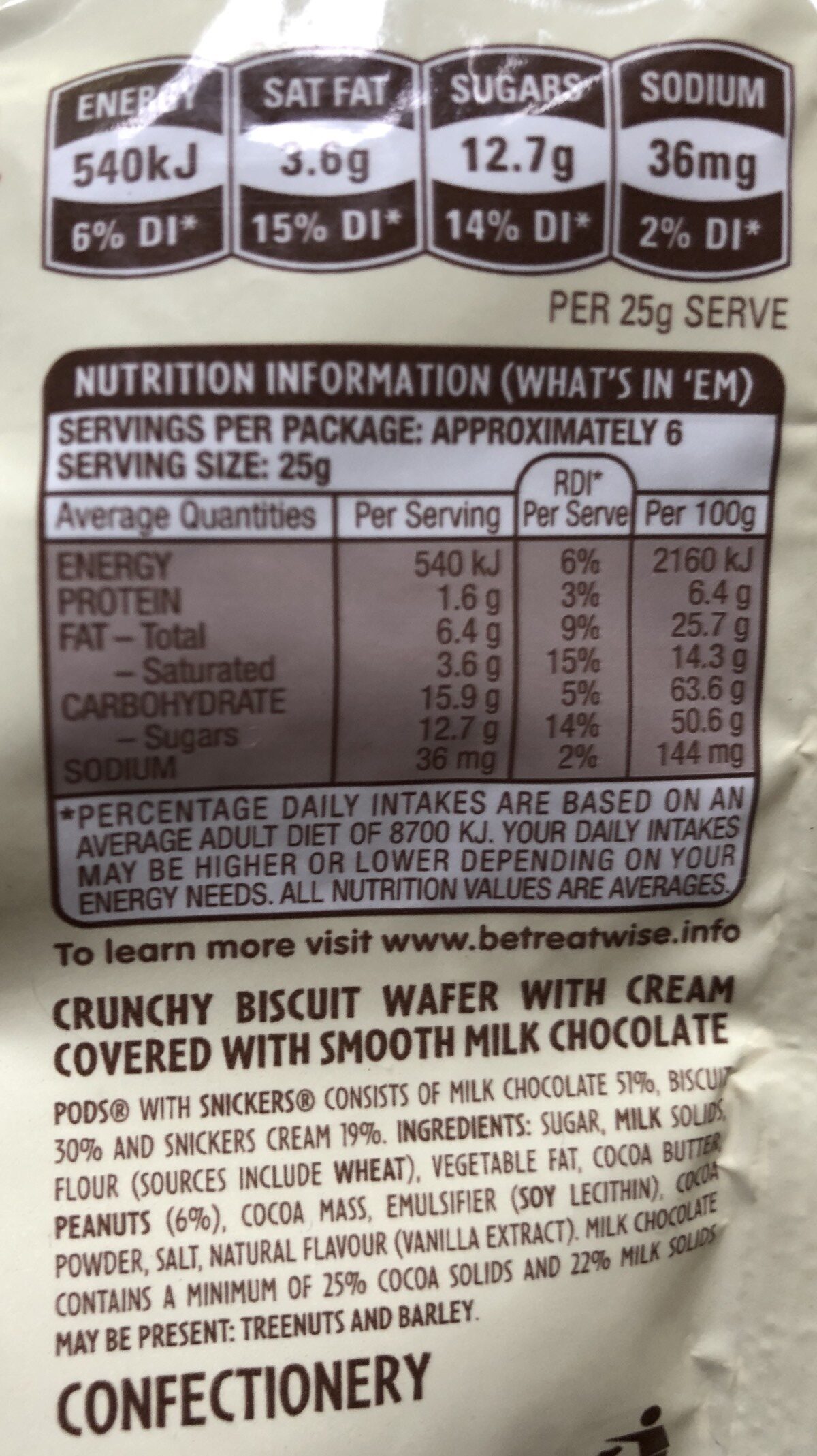 Snickers Pods Pouch Pack 160G - Ingredients - fr
