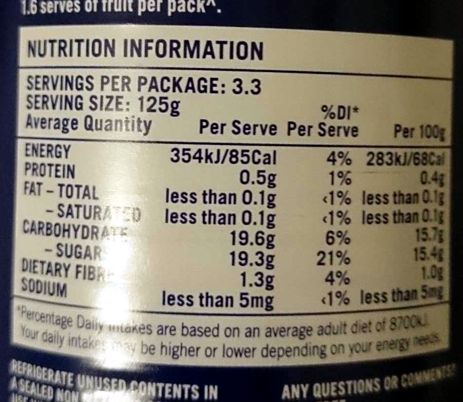 Australian Grown Peaches Sliced in Syrup - Nutrition facts