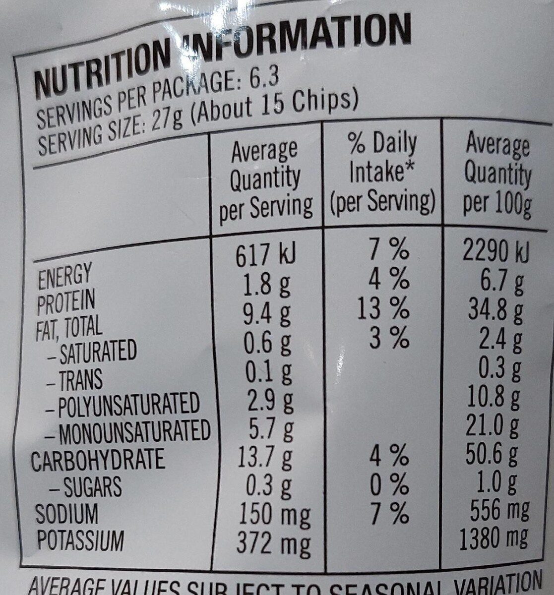 Original Smith’s - Nutrition facts