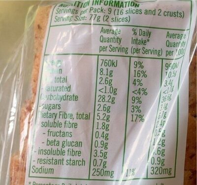 Digestive Wellbeing Sliced Bread - Nutrition facts
