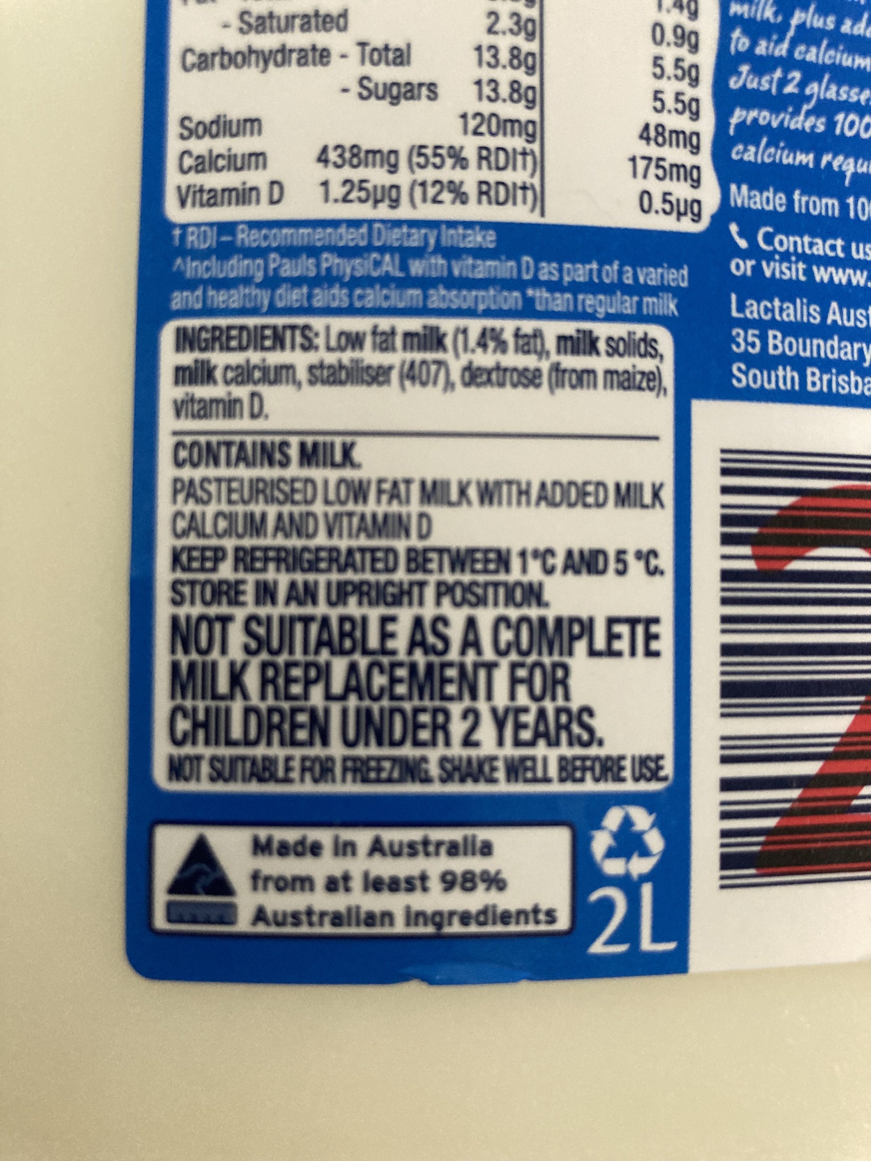 Physical High Calcium Low Fat Milk - Ingredients