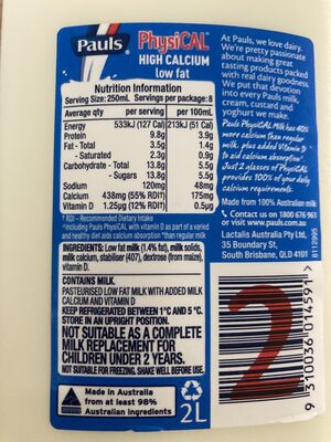 Physical High Calcium Low Fat Milk - Nutrition facts