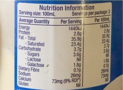 Thicken cream lactose free - Nutrition facts