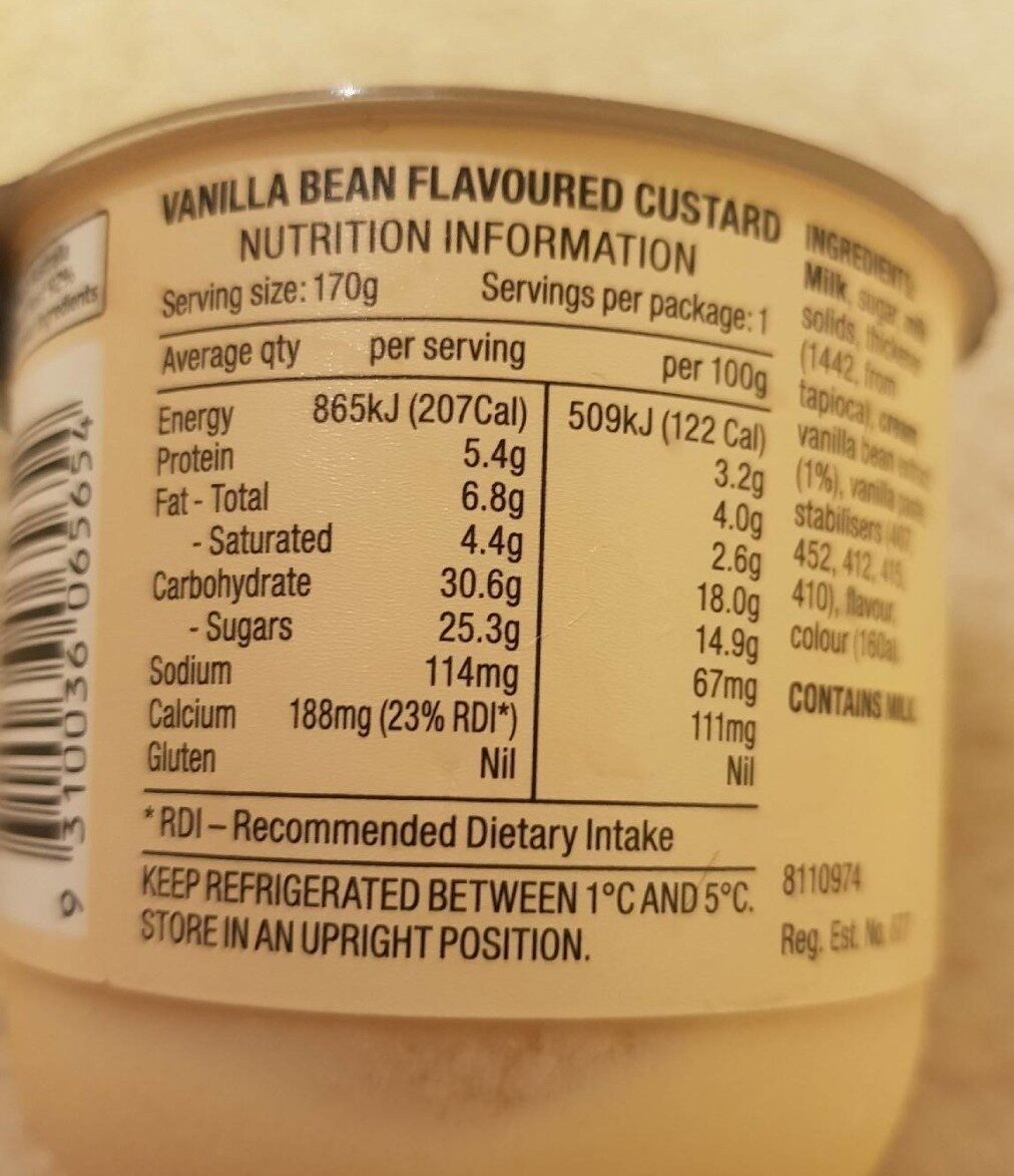 vanilla bean custard - Nutrition facts