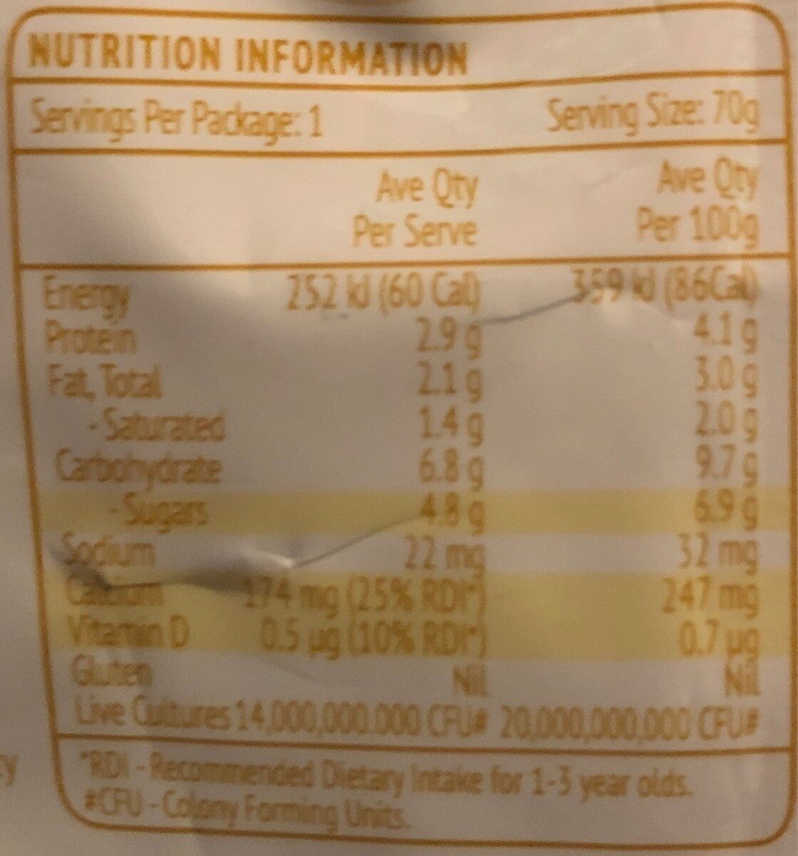 Banana yoghurt - Nutrition facts
