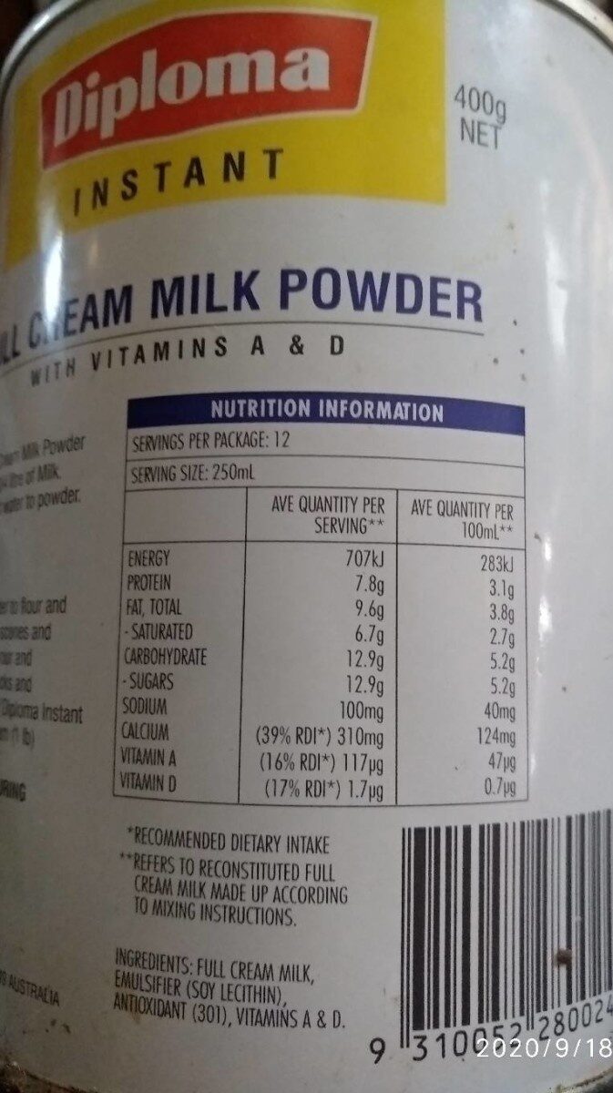 Full cream milk powder - Nutrition facts - es