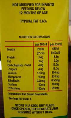long life milk - Nutrition facts