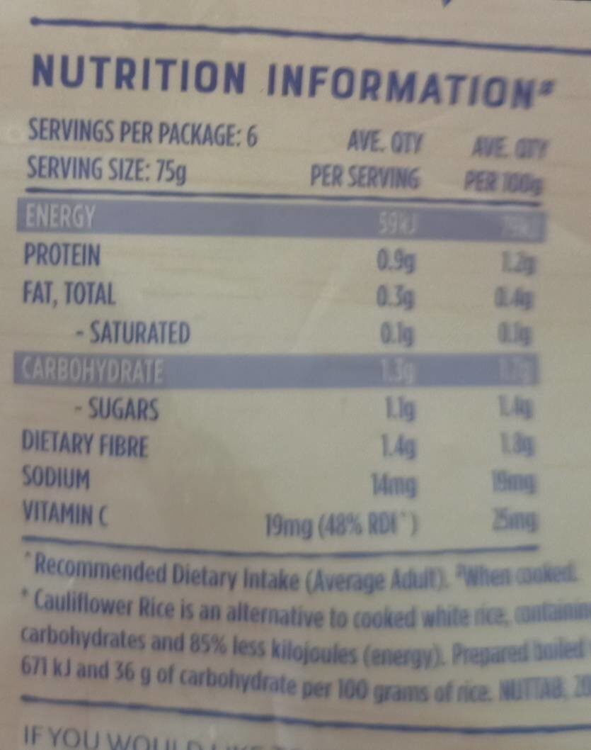 Cauliflower rice - Nutrition facts