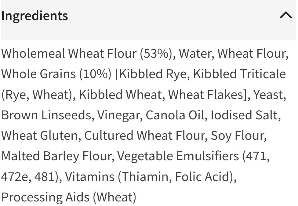 Helga's Continental Bakehouse Wholemeal Grain Bread - Ingredients