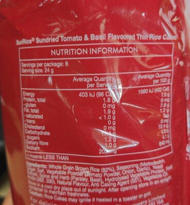 Thin Sundried tomato & basil flavoured rice cakes - Nutrition facts