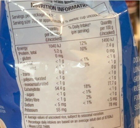Doongara Clever Rice - Nutrition facts
