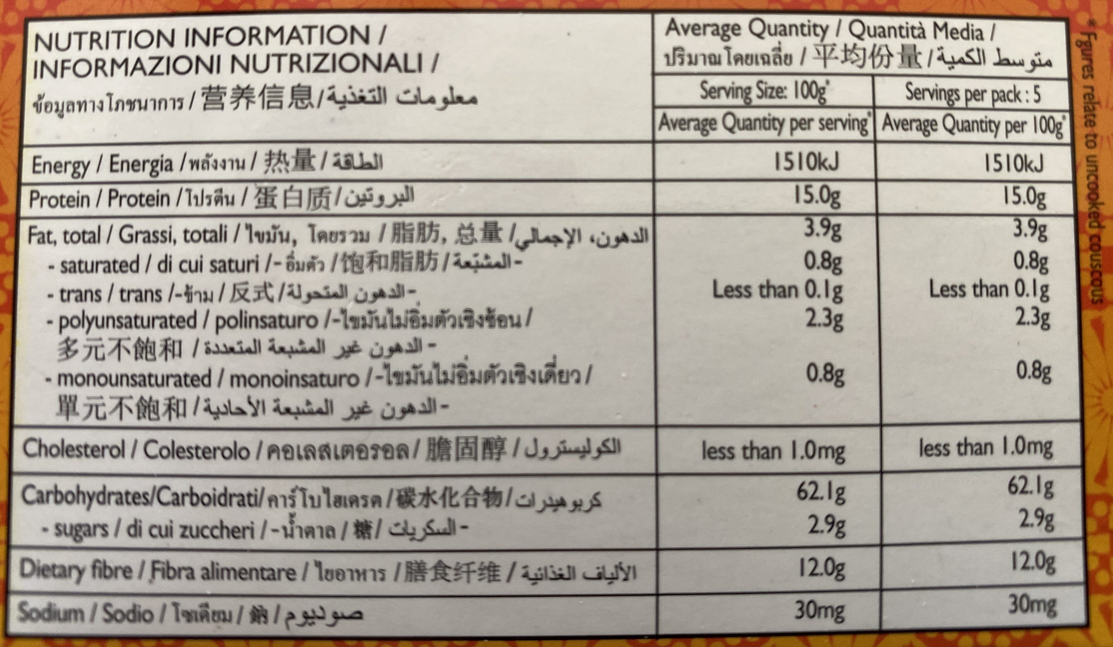 Couscous wholemeal - Nutrition facts