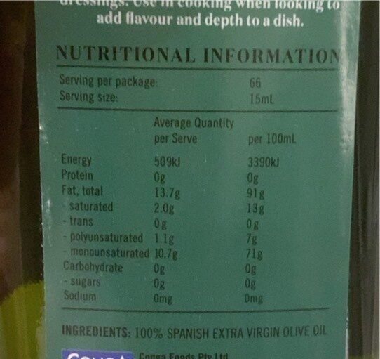 Primero extra virgin olive oil - Nutrition facts