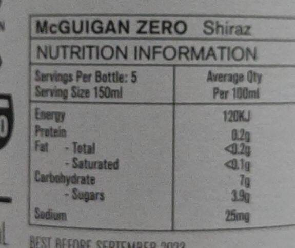 Shiraz alcohol free - Nutrition facts