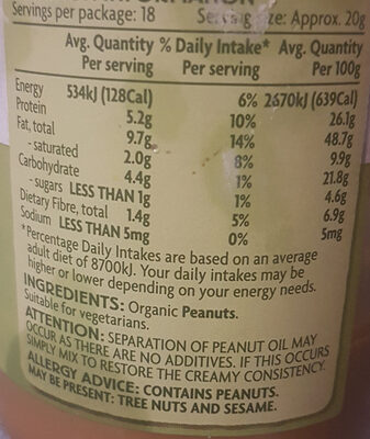 Coles Organic Smooth Peanut butter - Nutrition facts