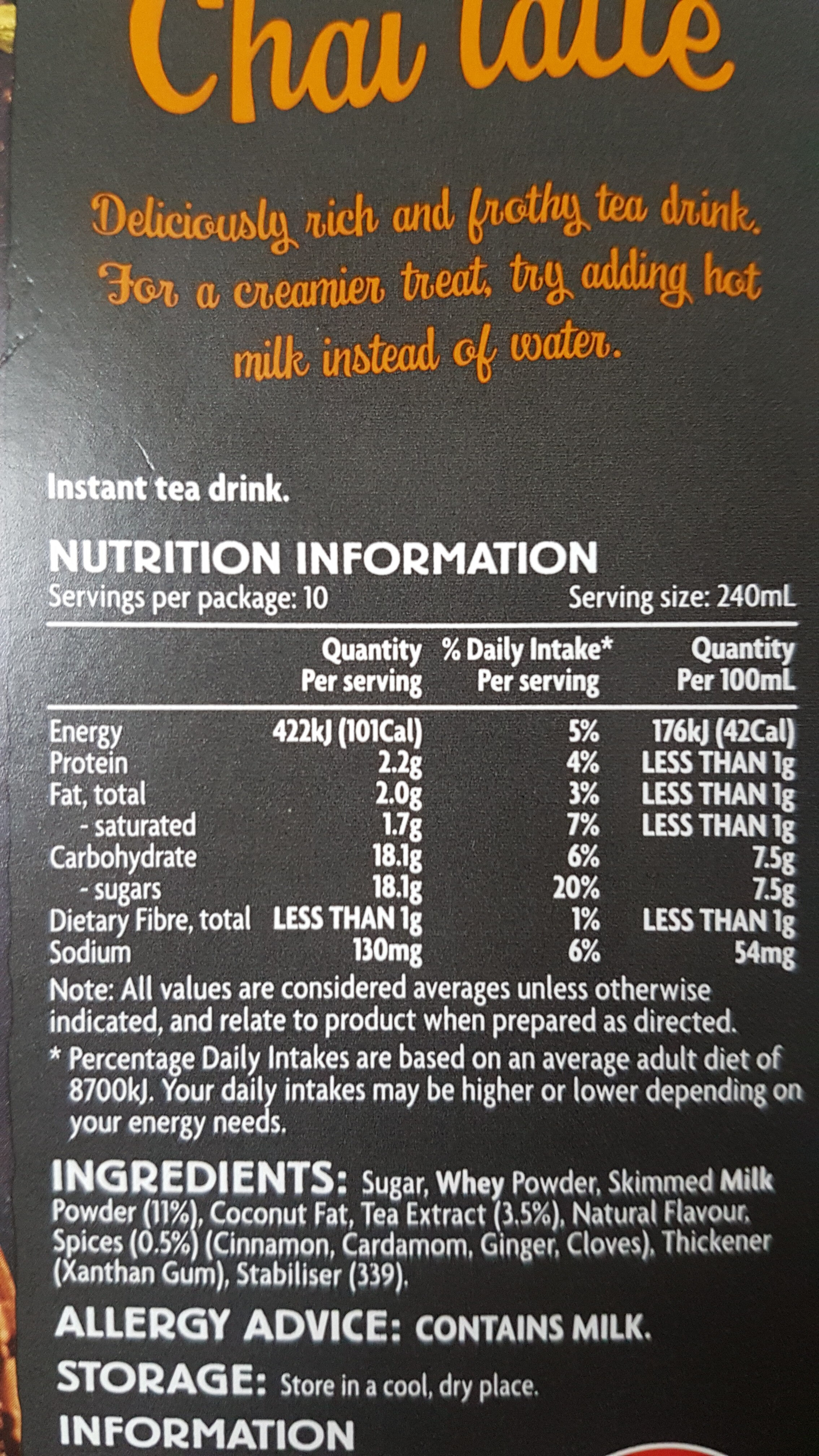 Coles Chai Latte 10 Sachets - Ingredients