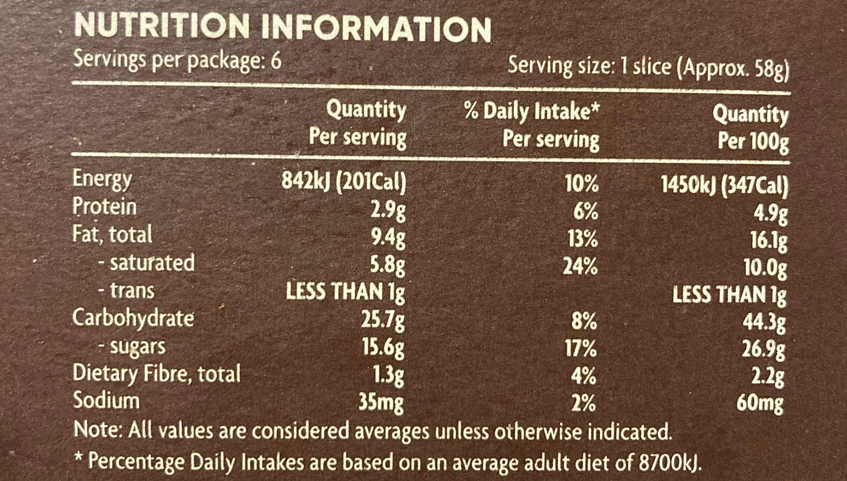 Classic Chocolate Tart - Nutrition facts