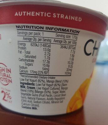 chobani mango greek yogurt - Nutrition facts