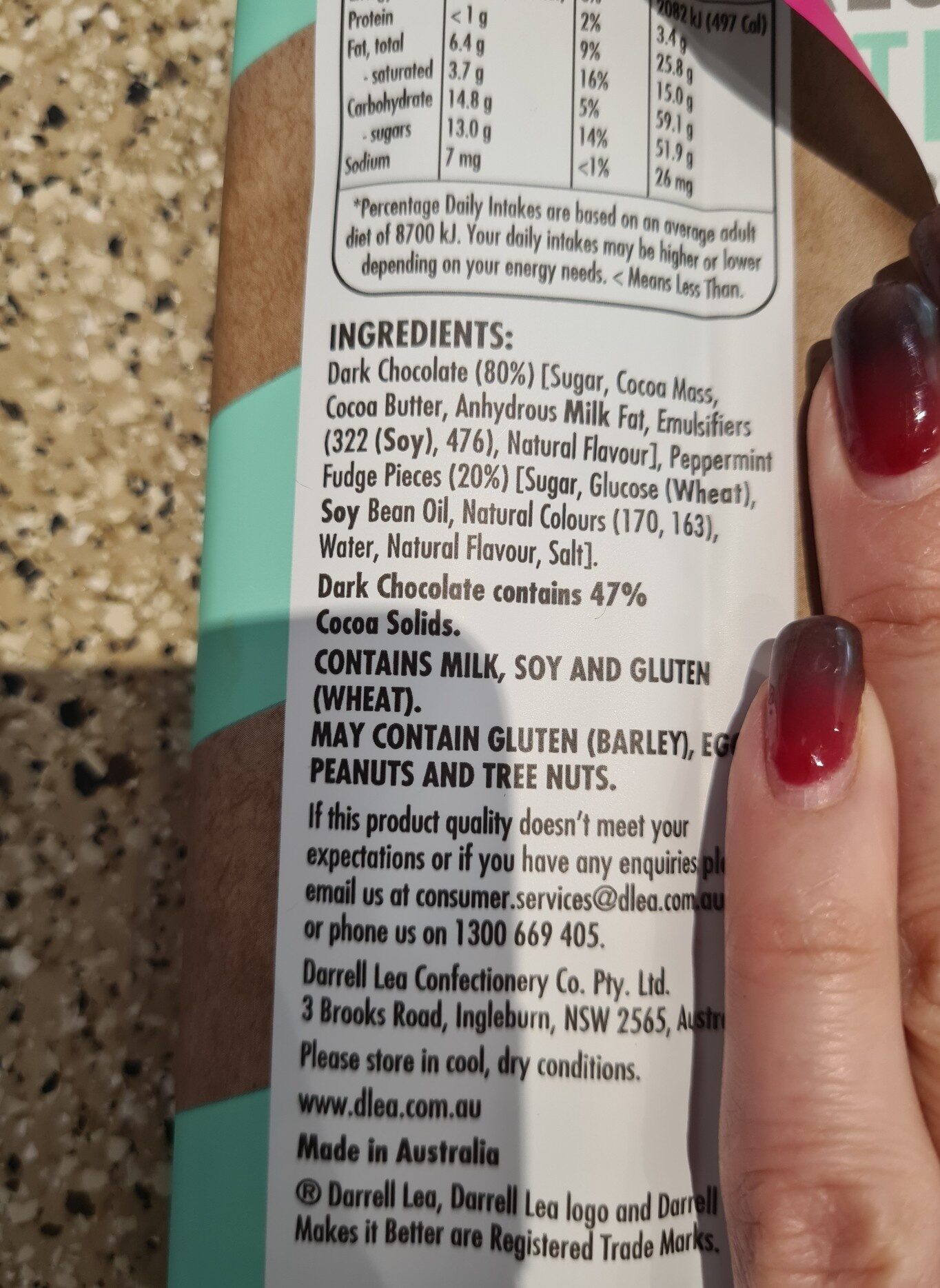 Darrell Lea Peppermint Dark Chocolate - Ingredients