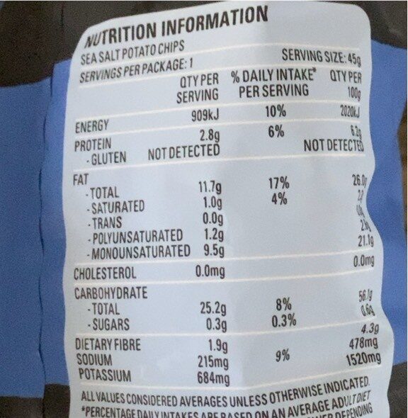 Original sea salt potato chips - Nutrition facts