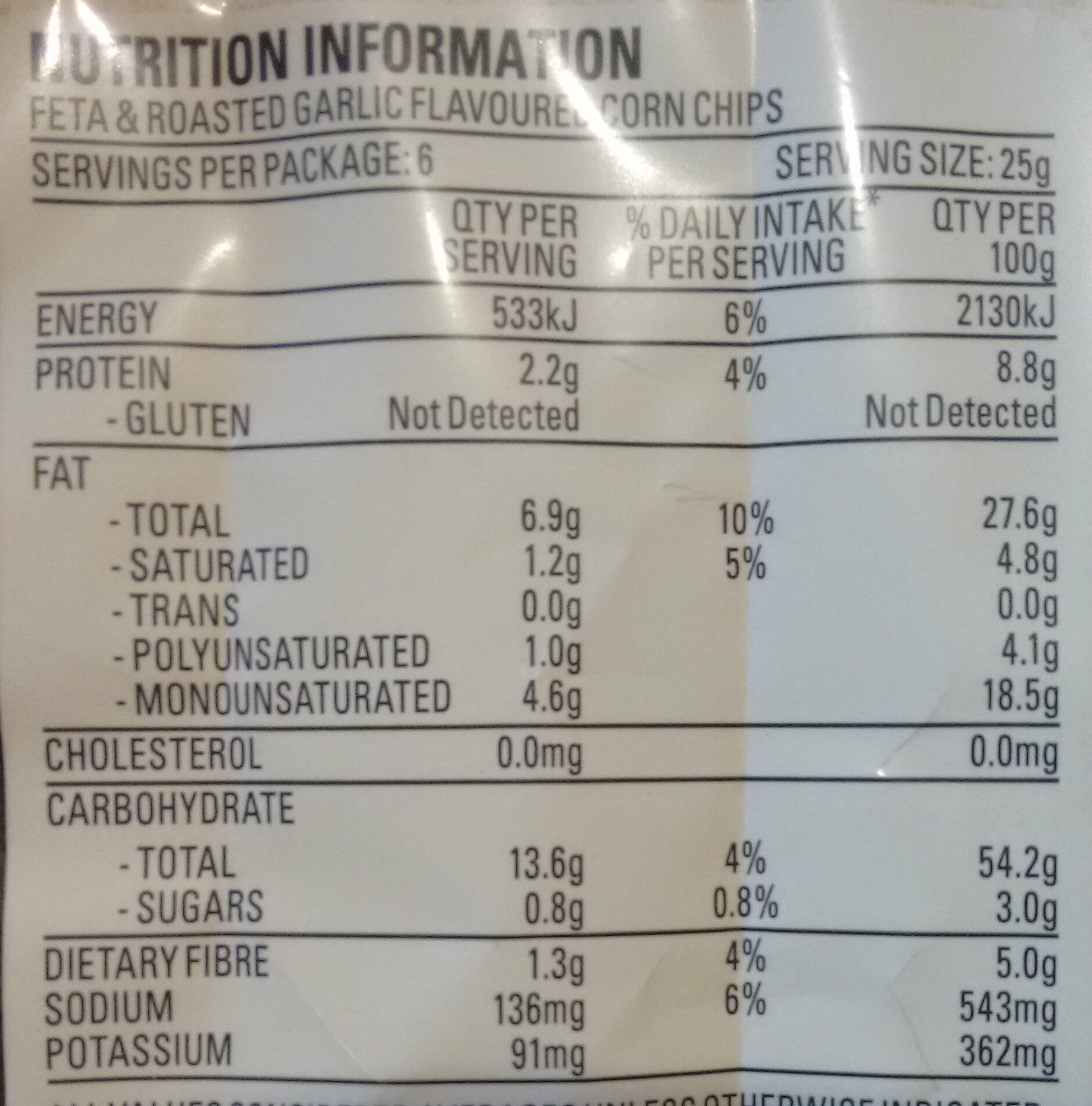 Uppercuts Feta & Roasted Garlic Flavoured Corn Chips - Nutrition facts