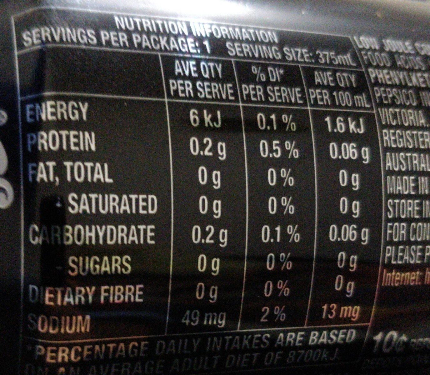Pepsi Max - Nutrition facts
