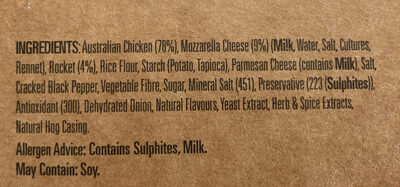 Chicken Mozzarella and Rocket Premium Sausages - Ingredients