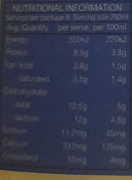 Fat Reduced Milk - Nutrition facts