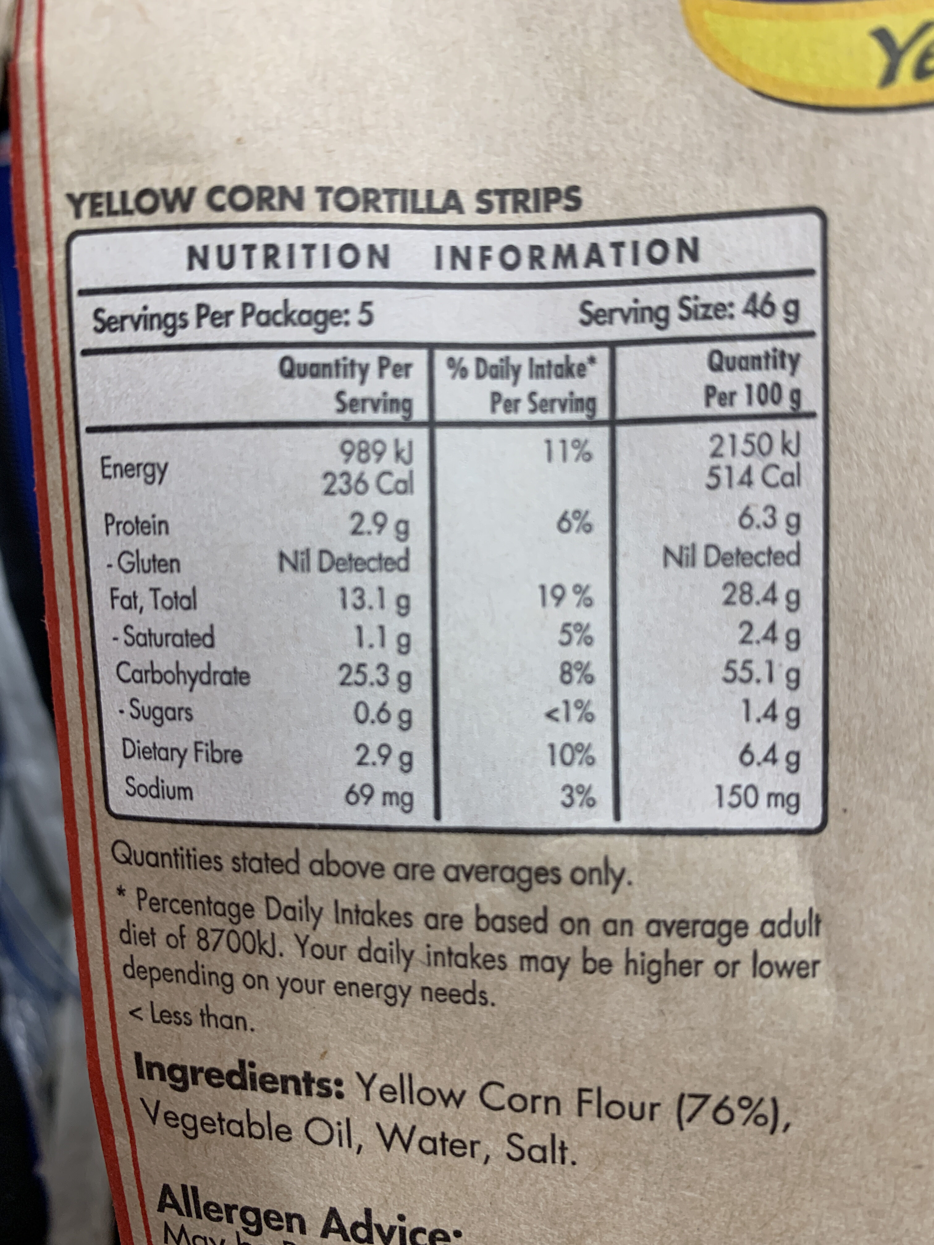 Mission original tortilla strips yellow corn - Nutrition facts