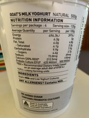 Natural Goat’s Milk Yoghurt - Nutrition facts