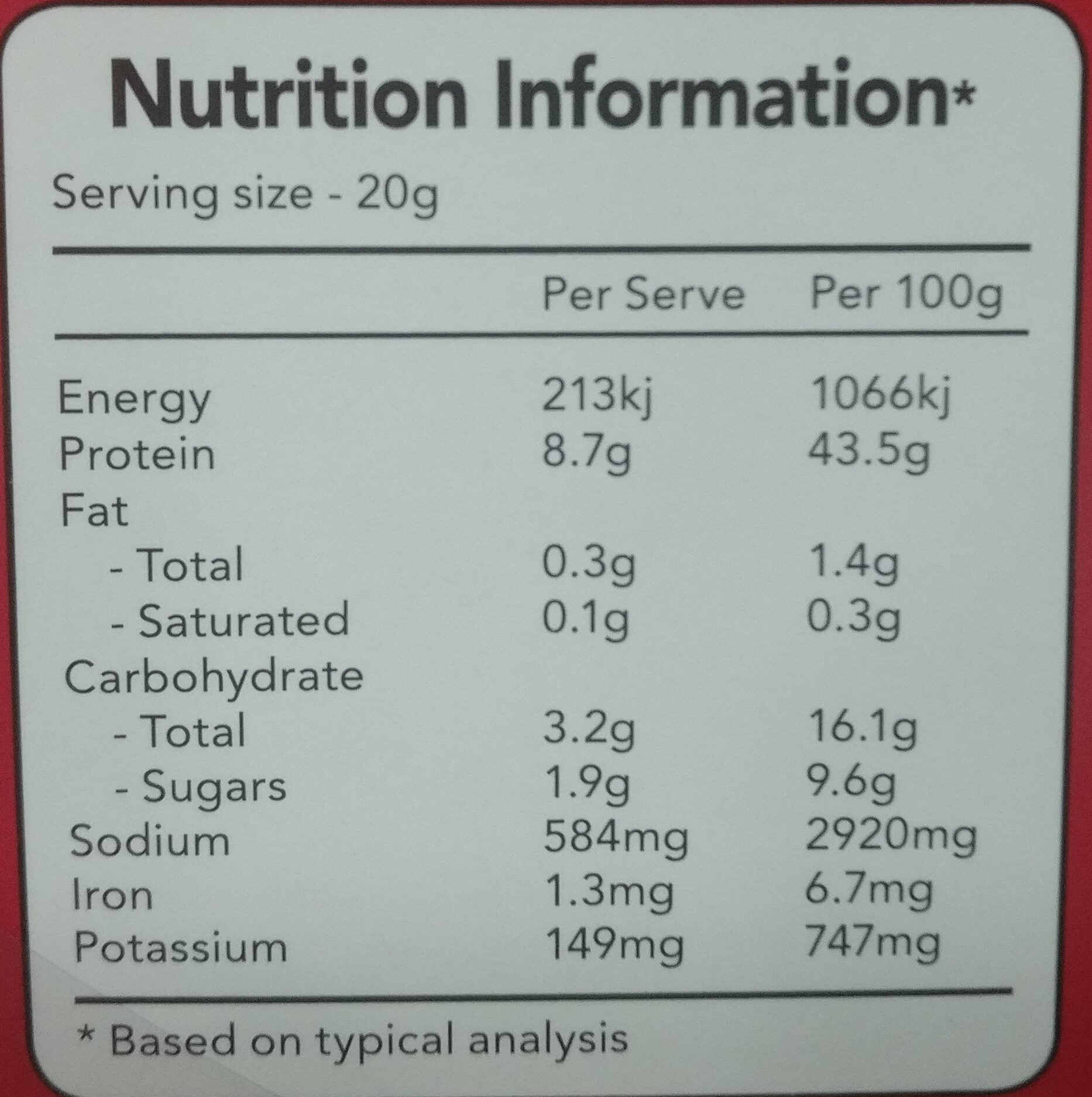 Australian Jerky Kangaroo Soft - Nutrition facts
