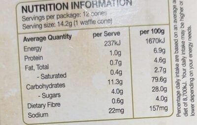 Altimate Waffle Cones Nat 12PK Ffle Cones - Nutrition facts
