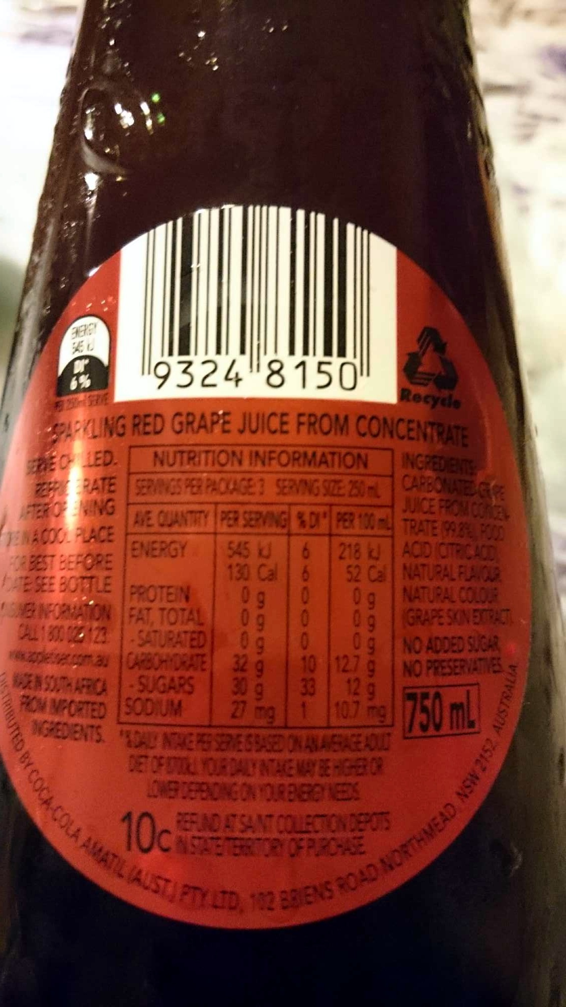 sparkling red grape juice - Nutrition facts