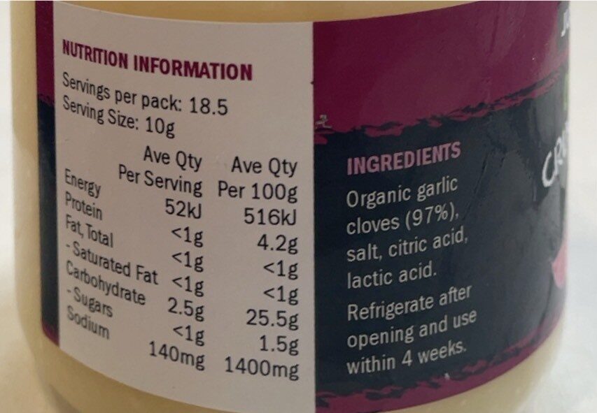Organic crushed garlic - Nutrition facts