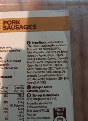 Coles Pork Sausage - Ingredients