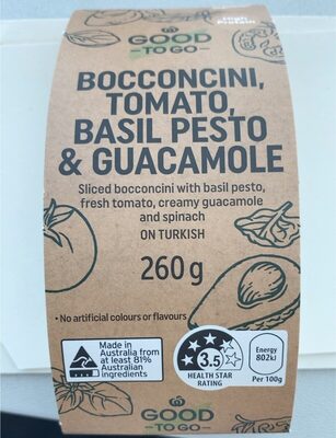 Bocconcini, tomato, basil pesto & guacamole on turkish - Product