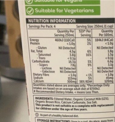 Organic coconut milk - Nutrition facts