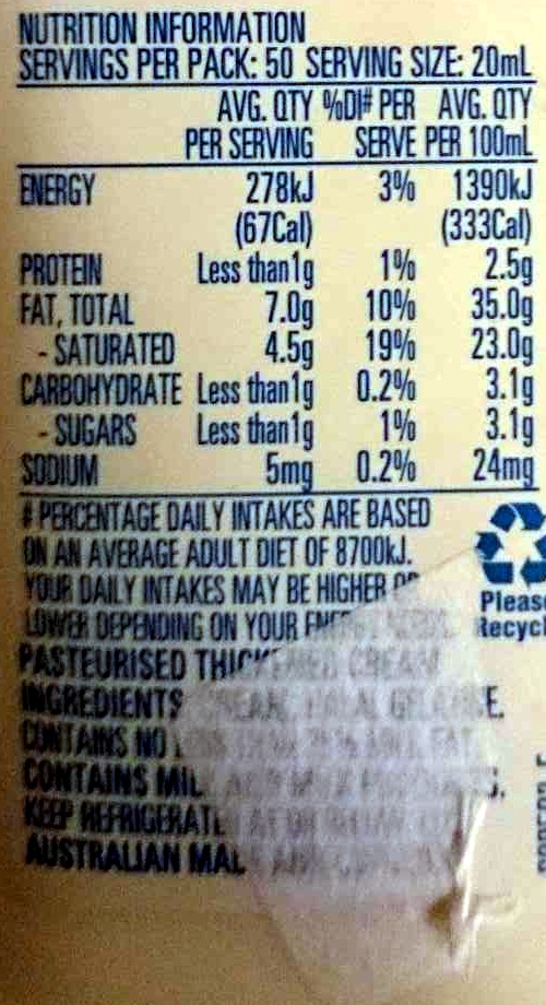Thickened Cream - Nutrition facts