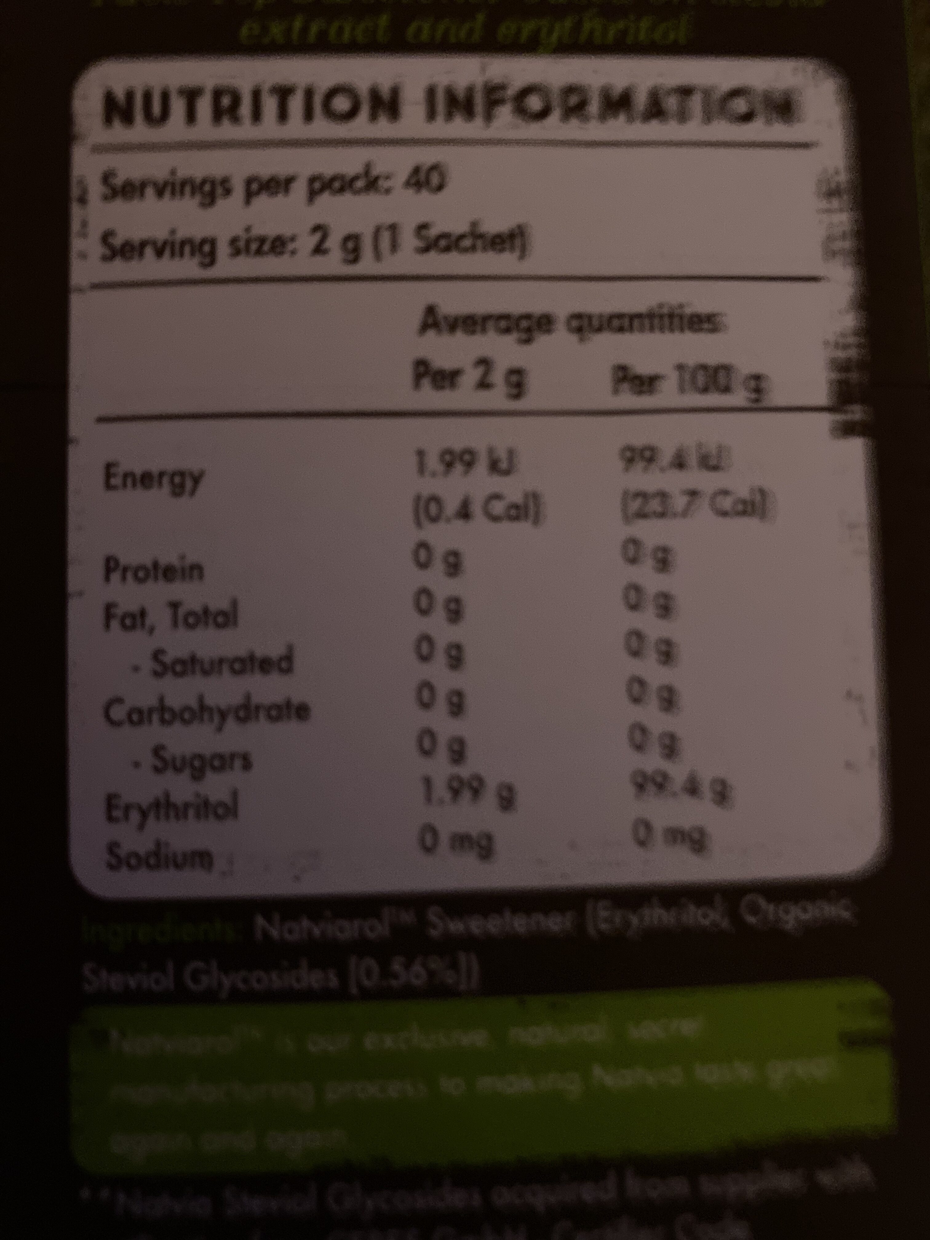 NatVia The 100% Natural Sweetener (organic) - Nutrition facts